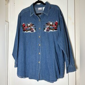 Bobbie Brooks Blue Denim Shirt with Embroidered Christmas Teddy Bears Size 18/20